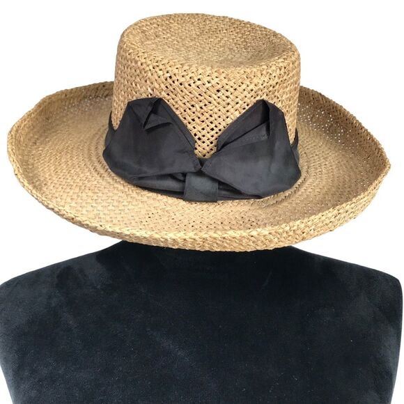 Unbranded Accessories - Importina Straw Hat Black Grosgrain Ribbon Bow Brimmed Summer Sun Hat
